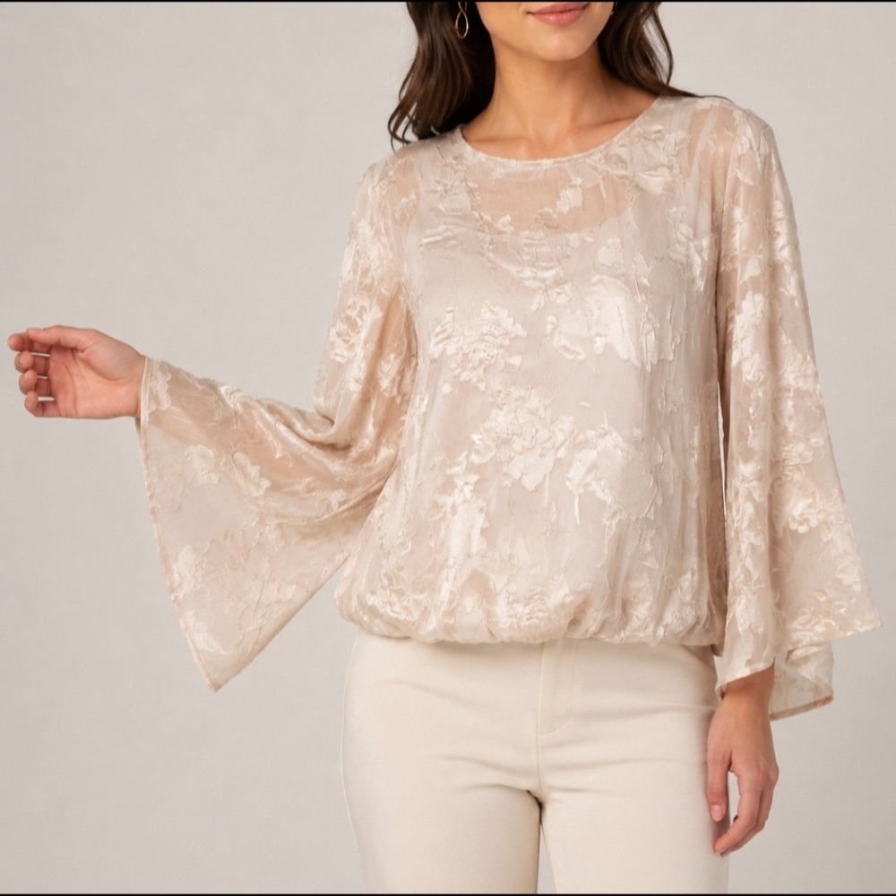 Alfani Petite PM Sheer Floral Burnout Blouse Bell Sleeve Beige Lined Tank